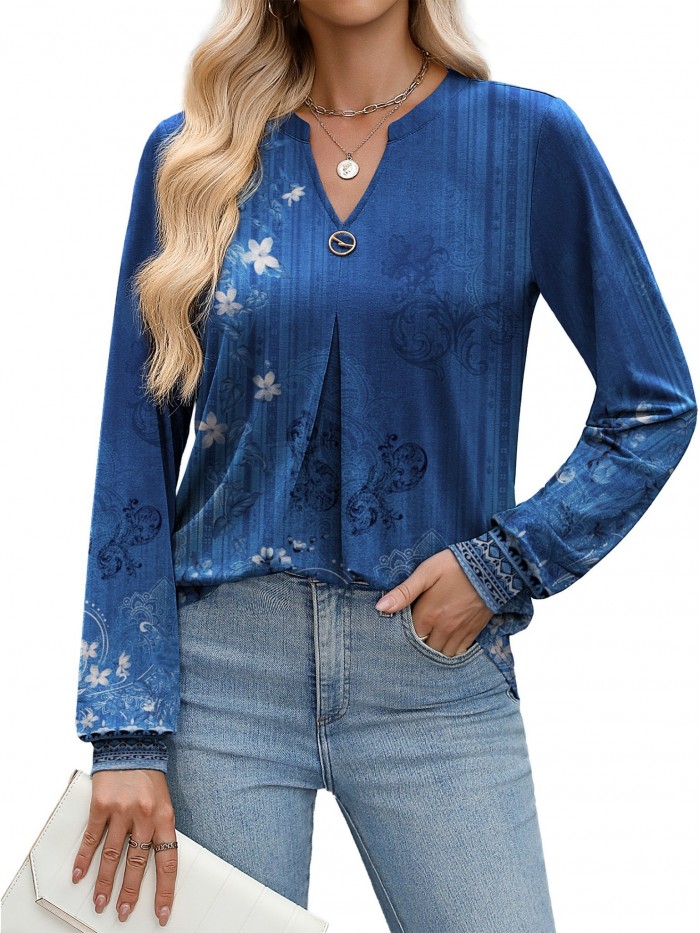 Weardear Long Sleeve V Neck Tops Fall Pleated Tunic Shirts Casual Dressy Loose Business Work Blouses, S-XXL