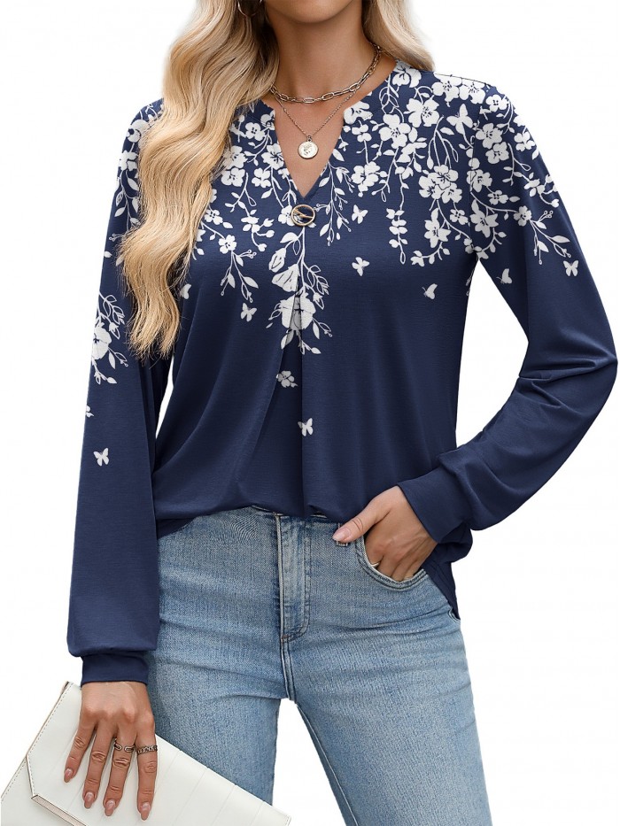 Weardear Long Sleeve V Neck Tops Fall Pleated Tunic Shirts Casual Dressy Loose Business Work Blouses, S-XXL