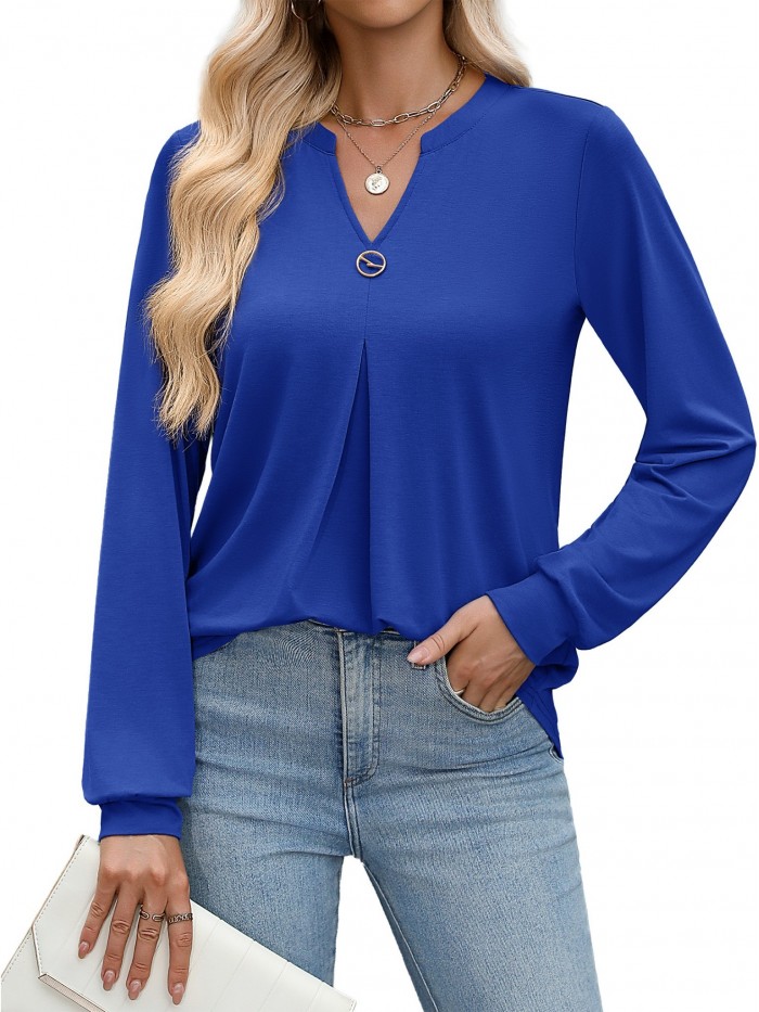 Weardear Long Sleeve V Neck Tops Fall Pleated Tunic Shirts Casual Dressy Loose Business Work Blouses, S-XXL