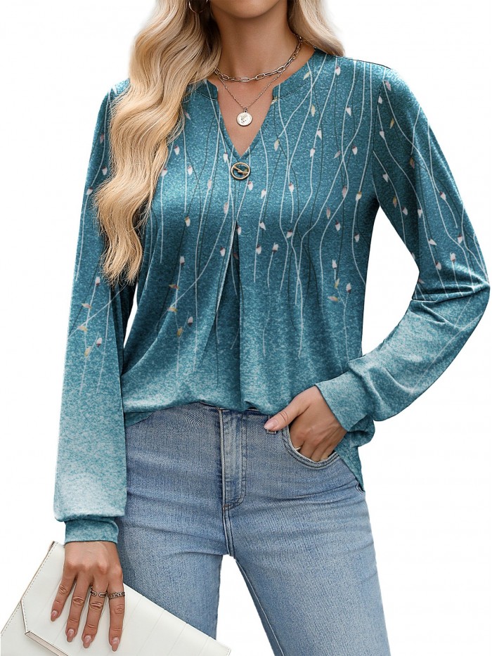 Weardear Long Sleeve V Neck Tops Fall Pleated Tunic Shirts Casual Dressy Loose Business Work Blouses, S-XXL