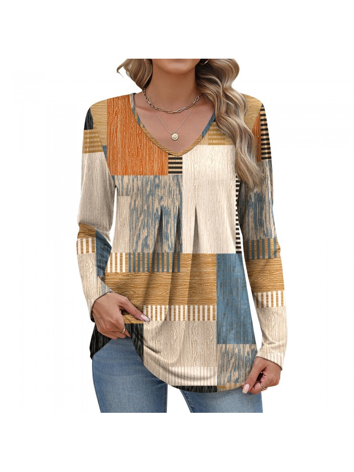 Weardear Women Long Sleeve Shirts V Neck Fall Tops Loose Fit Dressy Casual Blouses Pleated Tunic Tops