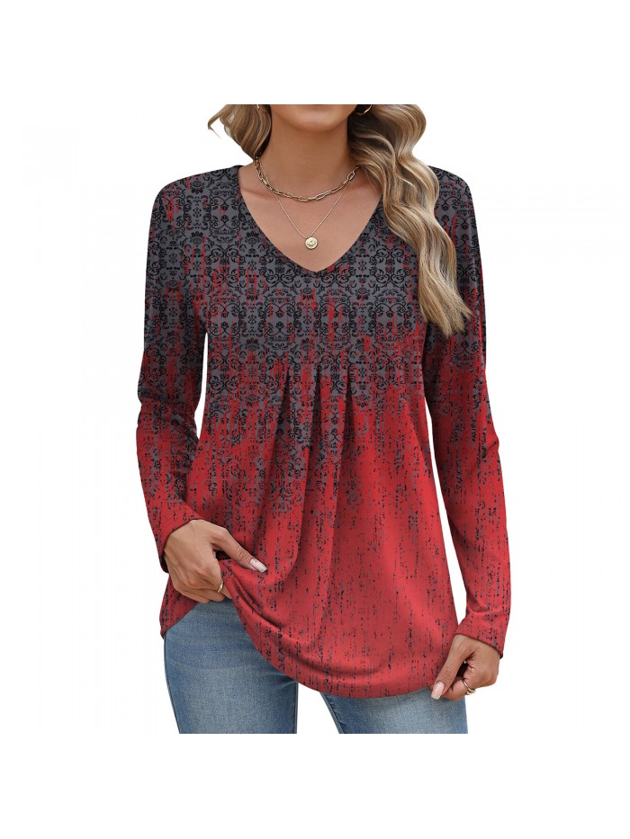 Weardear Women Long Sleeve Shirts V Neck Fall Tops Loose Fit Dressy Casual Blouses Pleated Tunic Tops