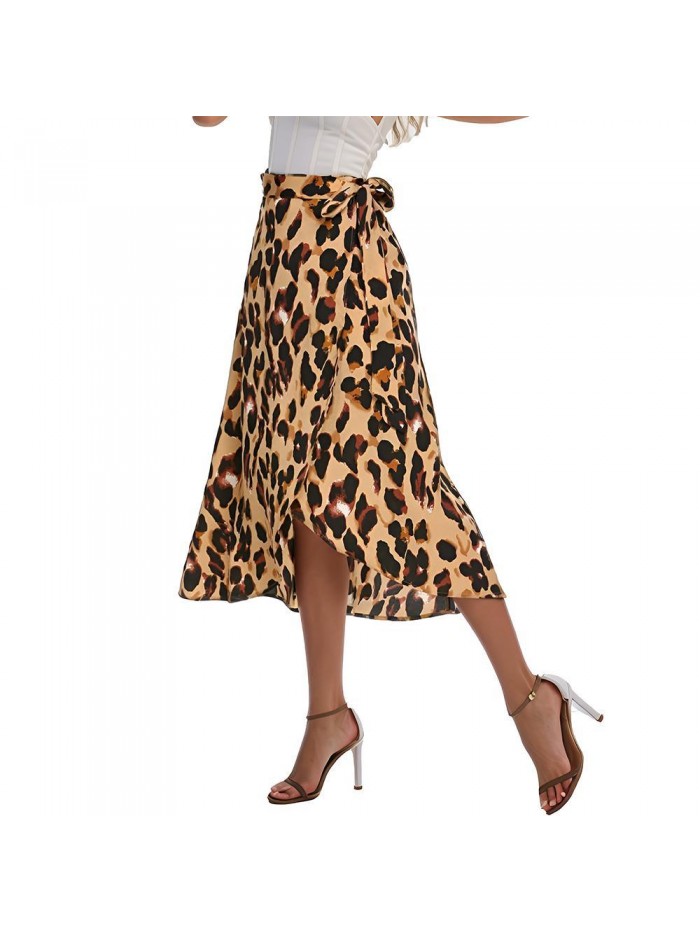 Weardear Women's Boho Leopard Skirt High Low Split Midi Wrap Skirts