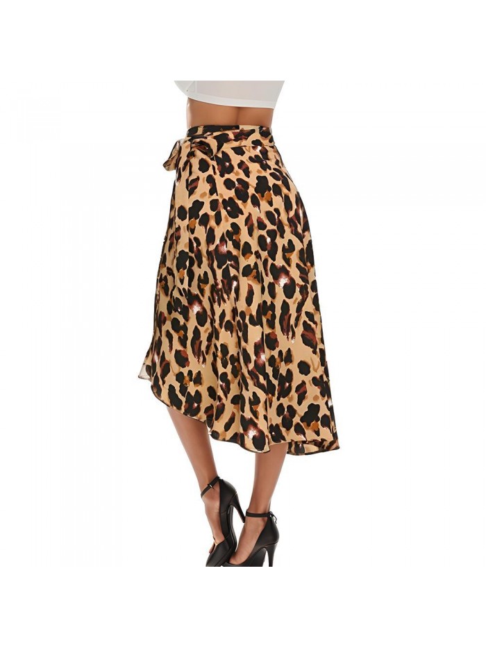 Weardear Women's Boho Leopard Skirt High Low Split Midi Wrap Skirts