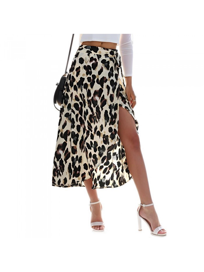 Weardear Women's Boho Leopard Skirt High Low Split Midi Wrap Skirts