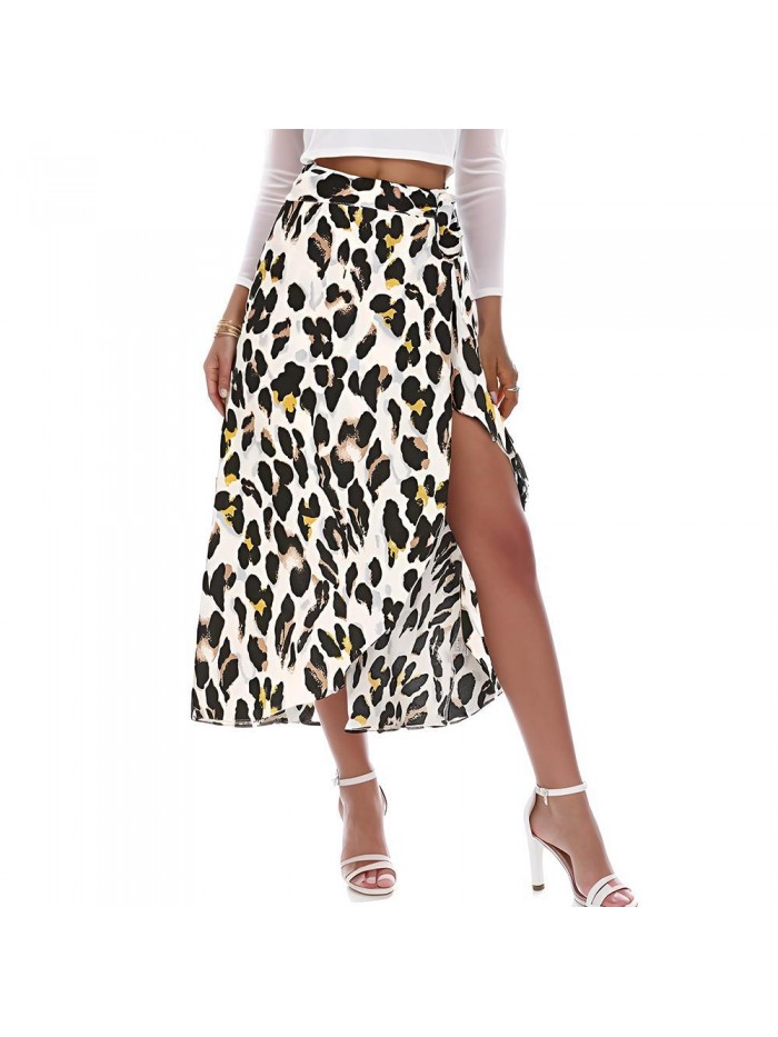 Weardear Women's Boho Leopard Skirt High Low Split Midi Wrap Skirts