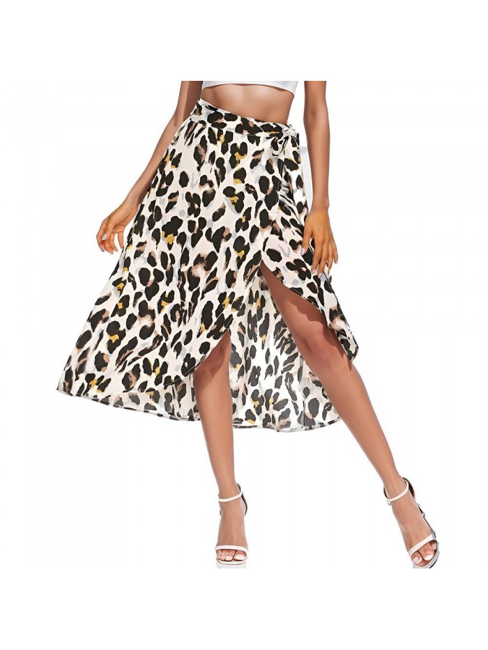 Weardear Women's Boho Leopard Skirt High Low Split Midi Wrap Skirts