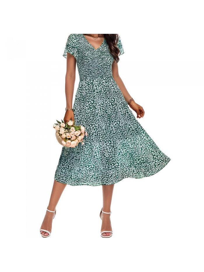 Weardear Women Casual Summer Short Ruffles Tiered Sleeve Smocked Midi Dresses Bohemian Floral V Neck Wedding Guest Long Dresses