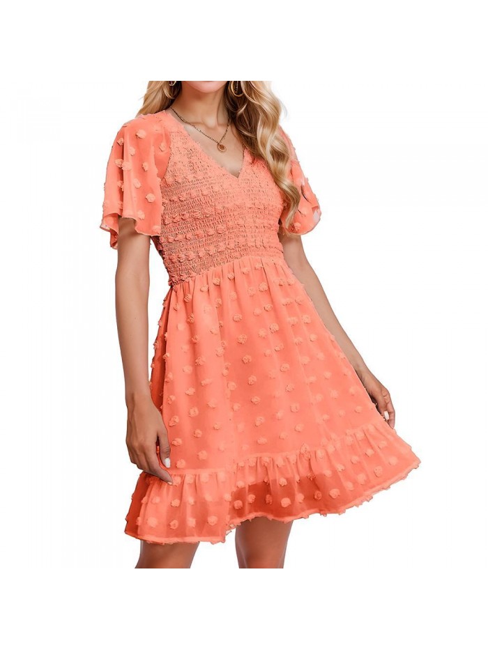 Weardear Women's V Neck Smocked Short Sleeve Casual Dress Swiss Dot Swing Flowy Ruffle Hem Mini Beach Summer Dresses