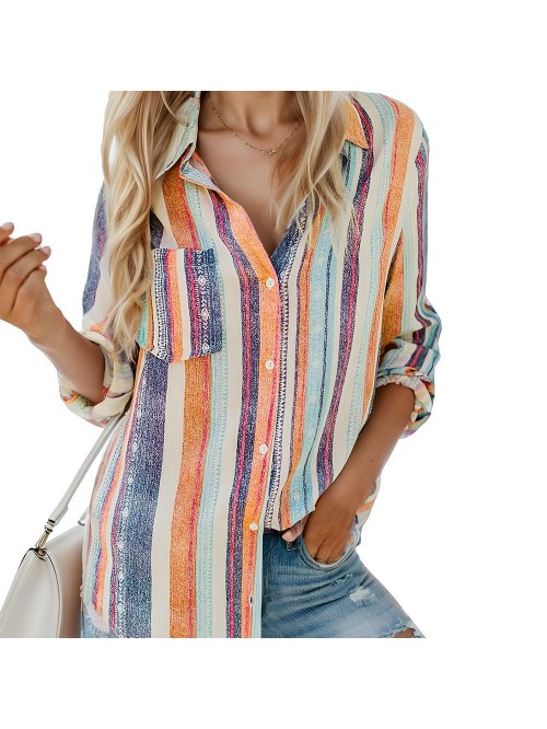 Weardear Womens V Neck Striped Roll up Sleeve Butt...