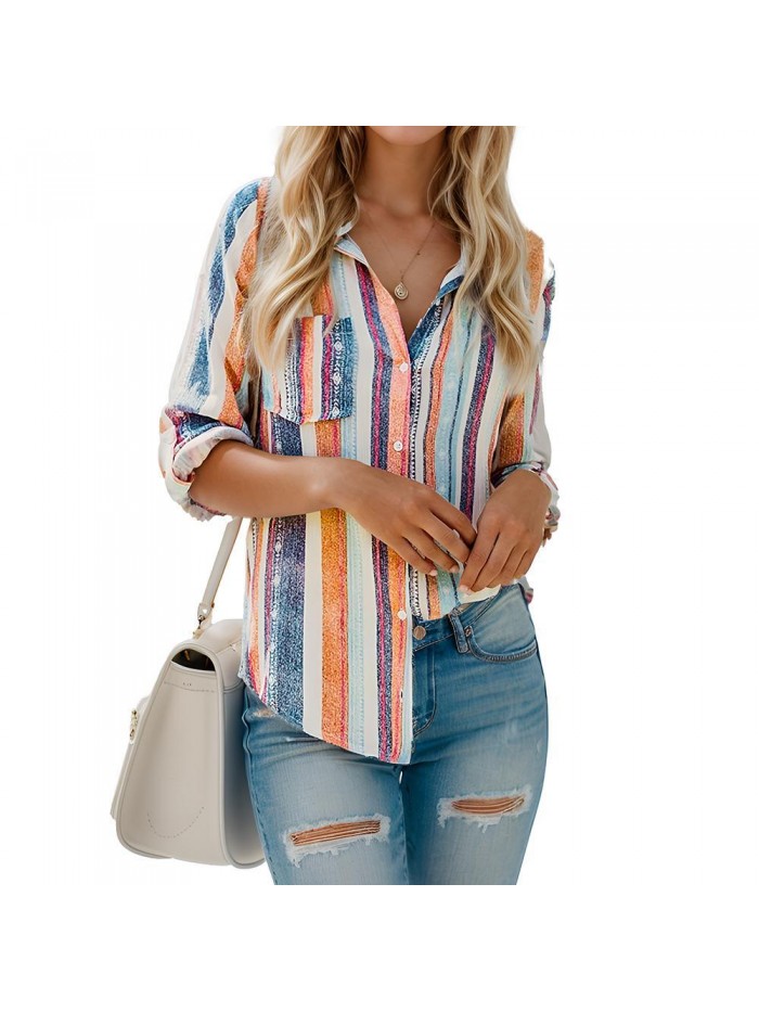 Weardear Womens V Neck Striped Roll up Sleeve Button Down Blouses Top