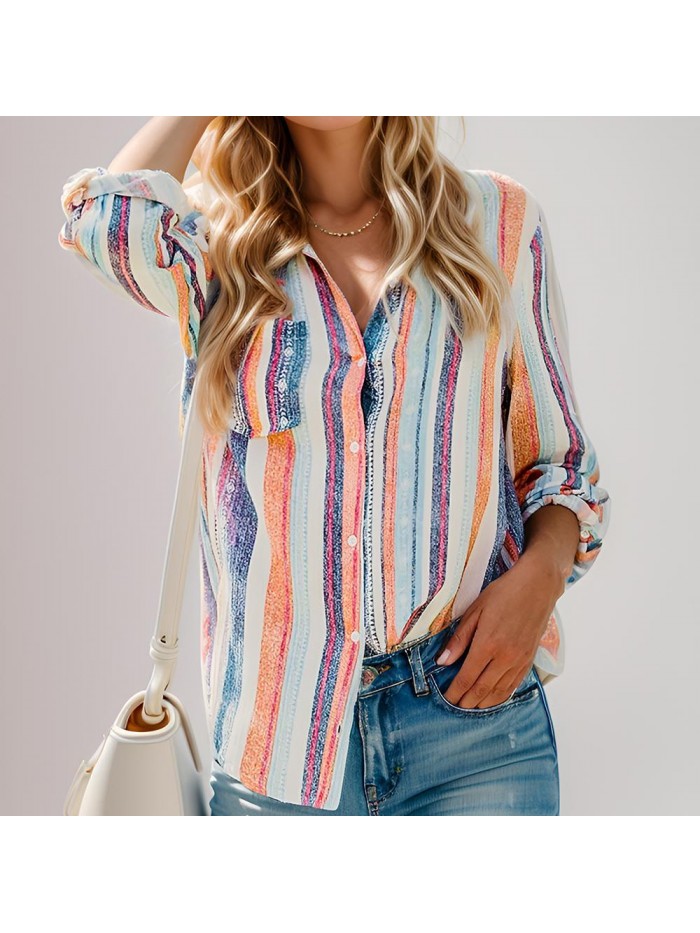 Weardear Womens V Neck Striped Roll up Sleeve Button Down Blouses Top