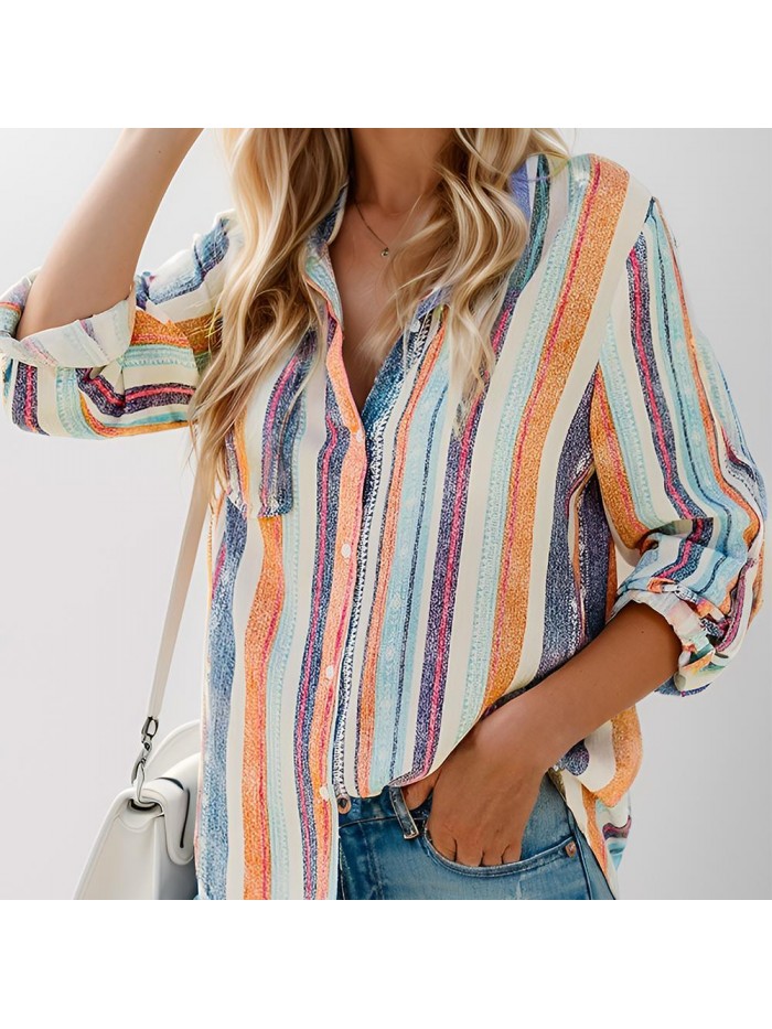 Weardear Womens V Neck Striped Roll up Sleeve Button Down Blouses Top