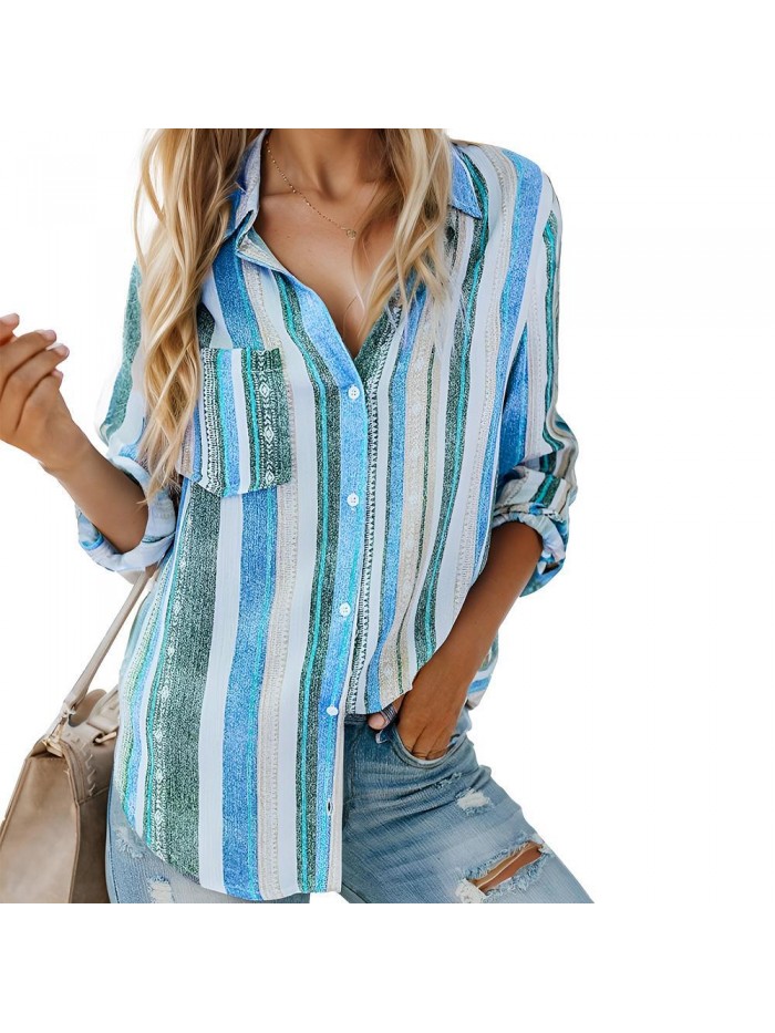 Weardear Womens V Neck Striped Roll up Sleeve Button Down Blouses Top