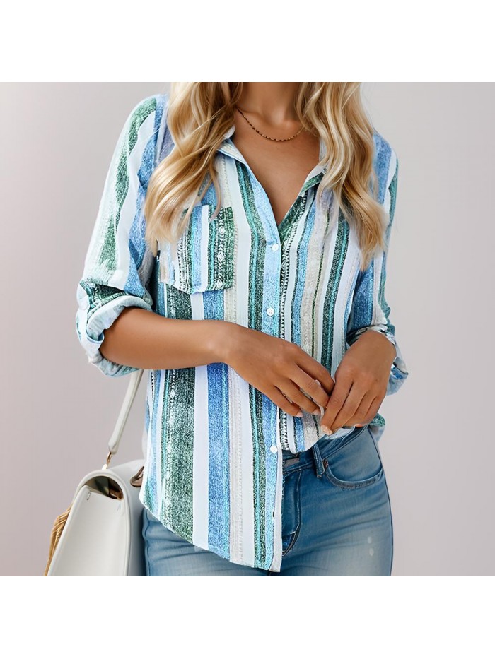 Weardear Womens V Neck Striped Roll up Sleeve Button Down Blouses Top