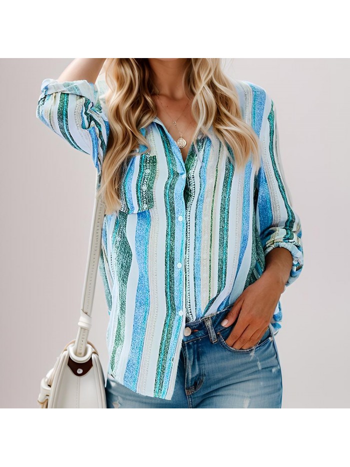 Weardear Womens V Neck Striped Roll up Sleeve Button Down Blouses Top