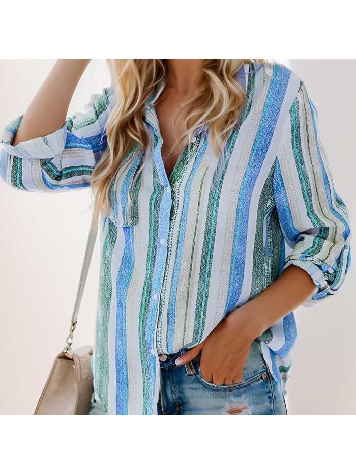 Weardear Womens V Neck Striped Roll up Sleeve Button Down Blouses Top