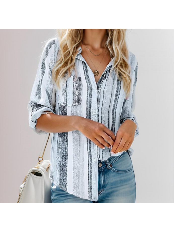 Weardear Womens V Neck Striped Roll up Sleeve Button Down Blouses Top