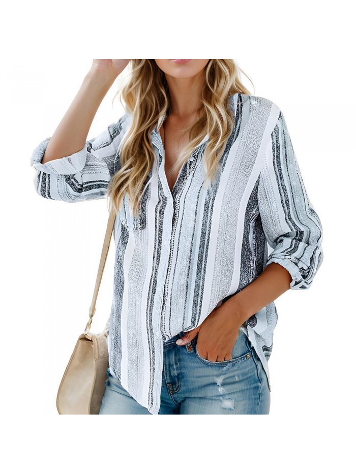 Weardear Womens V Neck Striped Roll up Sleeve Button Down Blouses Top