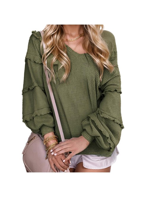 Weardear Women Long Puff Sleeve Pleated Tops Off S...