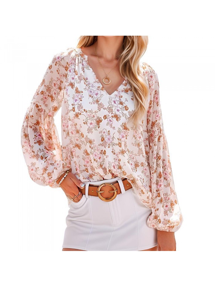 Weardear Women Casual Boho Blouse V Neck Floral Print Tops Long Sleeve Loose Fit Shirts
