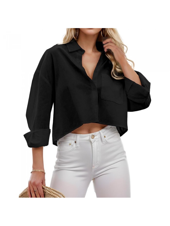 Weardear Long Sleeve Shirt for Women Button Down Cropped Shirts Plus Size Blouses Dressy Casual Lapel Shirt with Front Pocket