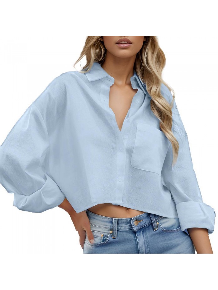Weardear Long Sleeve Shirt for Women Button Down Cropped Shirts Plus Size Blouses Dressy Casual Lapel Shirt with Front Pocket