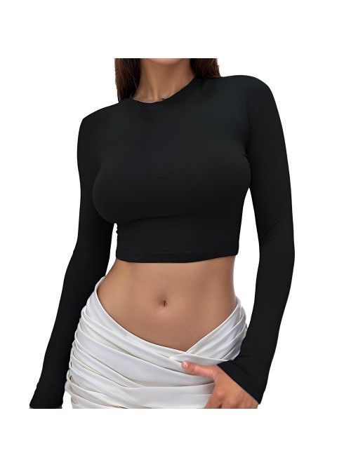 Weardear Women Crew Neck Long Sleeve Crop Top Stre...