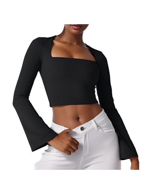 Weardear Women Flare Sleeve Slim Fit Crop Tops Squ...