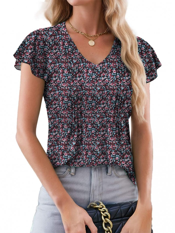 Weardear Womens Summer Blouses Boho Floral Ruffle Short Sleeve Tunic Tops Casual Loose V Neck Shirts