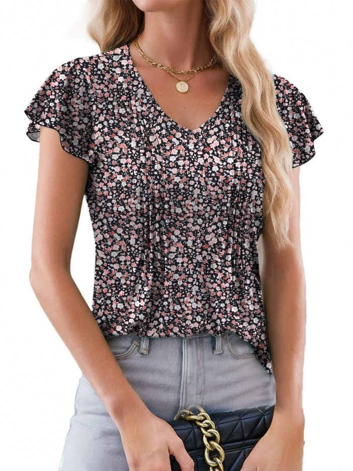 Weardear Womens Summer Blouses Boho Floral Ruffle Short Sleeve Tunic Tops Casual Loose V Neck Shirts