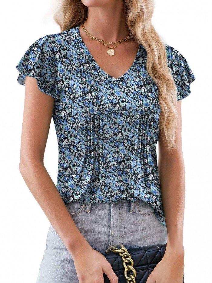 Weardear Womens Summer Blouses Boho Floral Ruffle Short Sleeve Tunic Tops Casual Loose V Neck Shirts