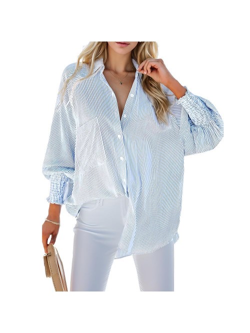 Weardear Women's Blouse Smocked Cuffed Striped Boy...