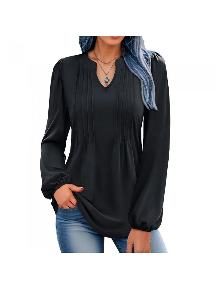 Weardear Tunics For Women 2024 V Neck Tops Puff Long Sleeve T Shirts Pleated Casual Loose Tunic Blouse