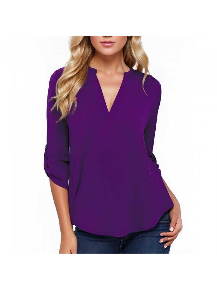 Weardear Womens Summer 3/4 Sleeve Roll Tops Chiffon Tunic Blouses Casual V Neck Work Blouses Tops