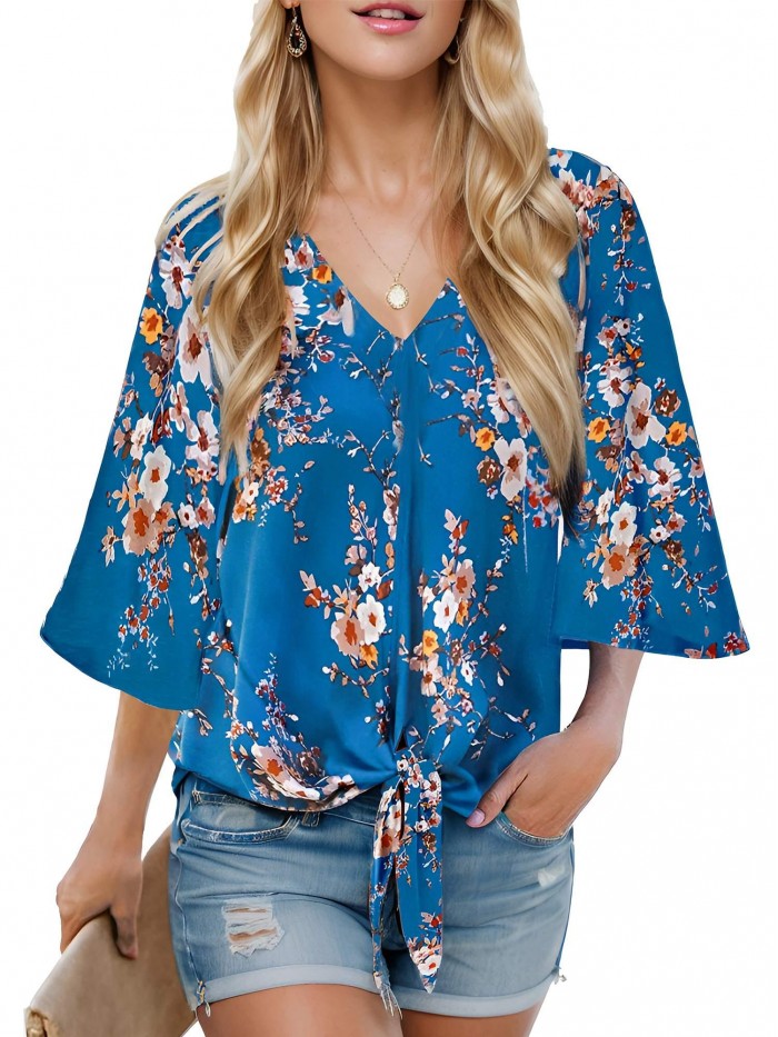 Weardear Womens Summer Tops Dressy Casual Tie Front 3/4 Batwing Sleeve Shirts Flowy V Neck Chiffon Blouse