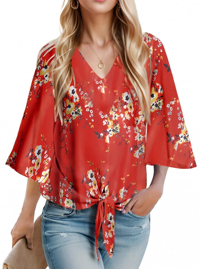 Weardear Womens Summer Tops Dressy Casual Tie Front 3/4 Batwing Sleeve Shirts Flowy V Neck Chiffon Blouse