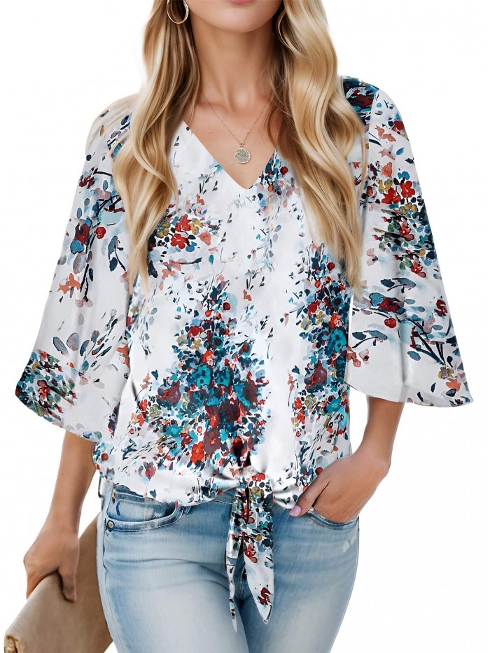 Weardear Womens Summer Tops Dressy Casual Tie Front 3/4 Batwing Sleeve Shirts Flowy V Neck Chiffon Blouse