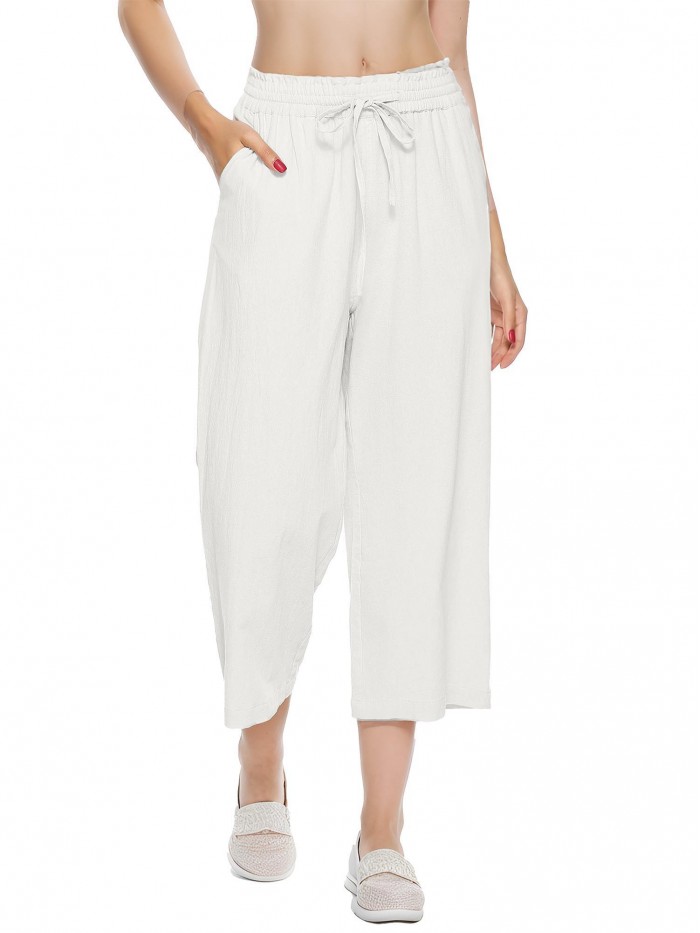 Weardear Womens Linen Pants High Waisted Wide Leg Drawstring Pants Casual Loose Trousers with Pockets