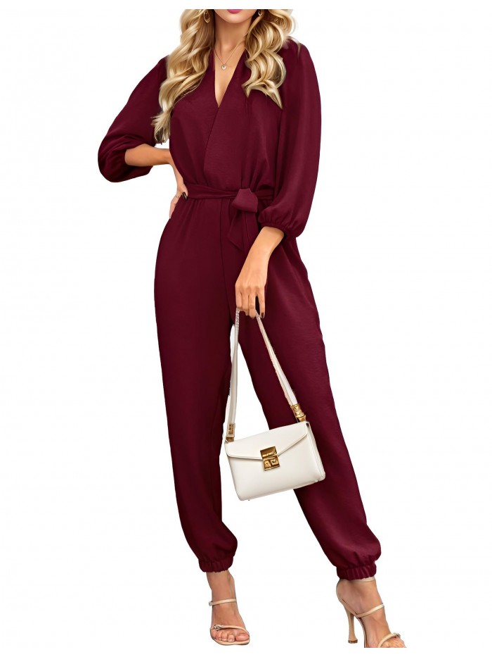 Weardear Womens Jumpsuits Casual V Neck Lantern Long Sleeve Dressy Romper Pleated Belt One Piece Outfits with Pocketss