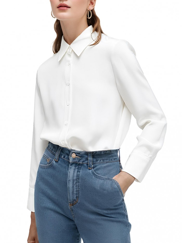 Wataxii White Blouses for Women Dressy Casual Long Sleeve Button Down Shirt Collared Work Office Business Chiffon Blouse Shirt Tops