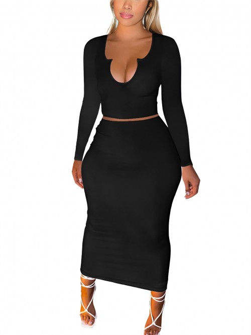 Weardear Women Two Pieces Skirt Outfits Long Sleev...