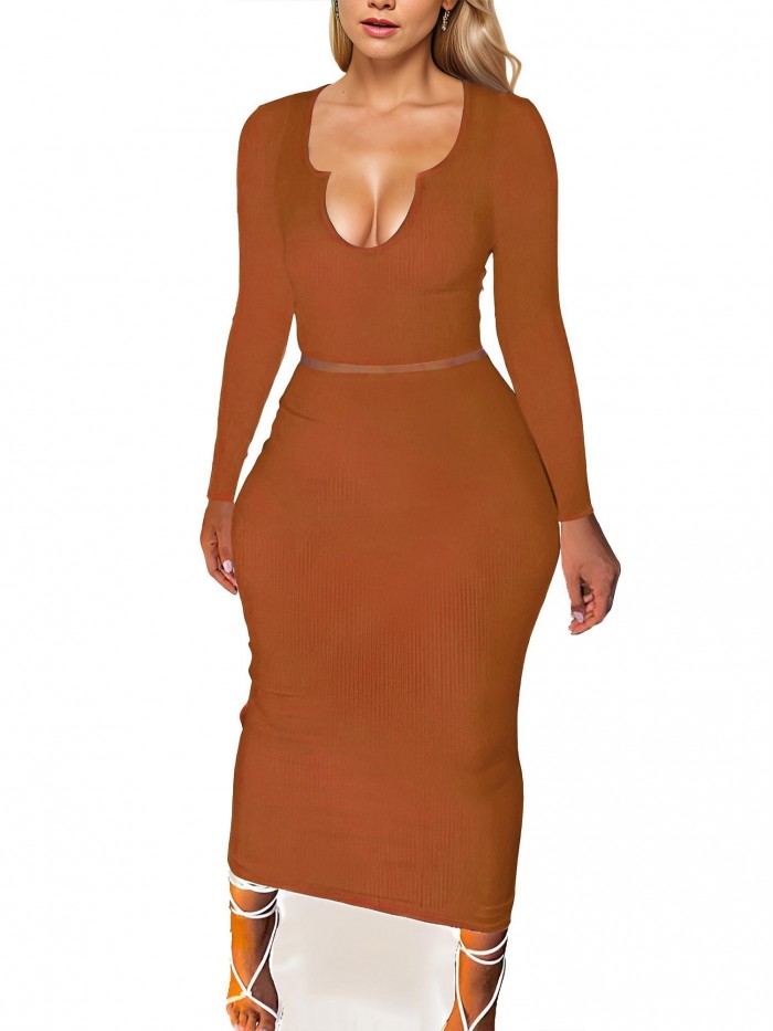 Weardear Women Two Pieces Skirt Outfits Long Sleeve Bodycon Ribbed Knitted Maxi Dress V Neck Club Party Dress