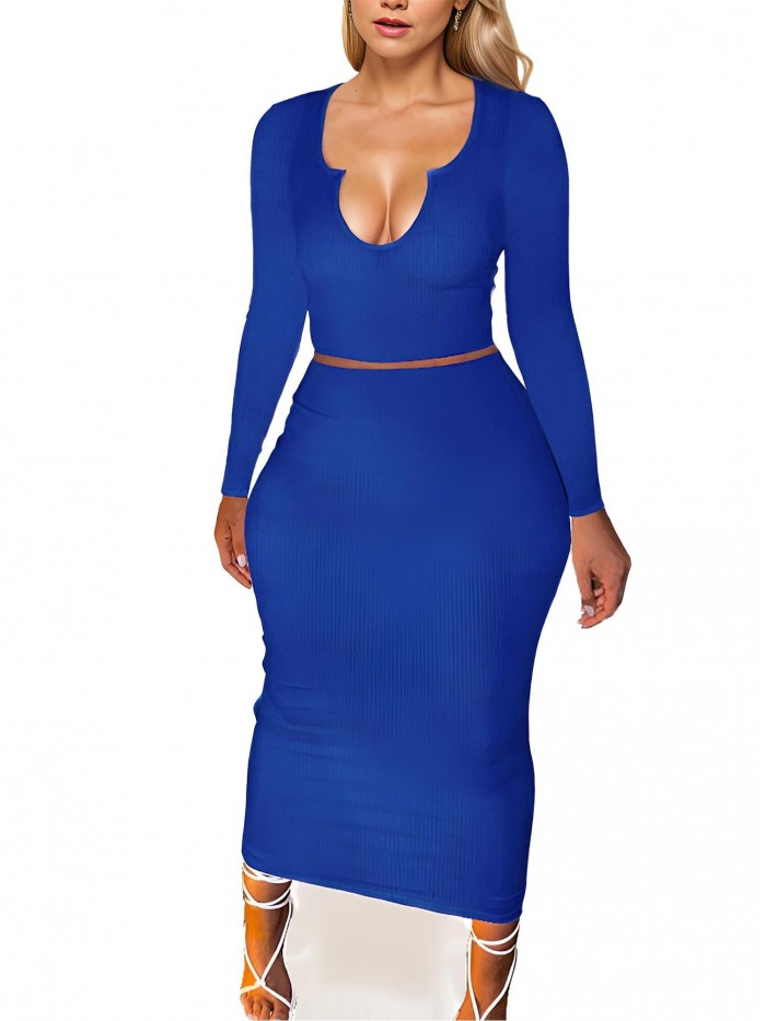 Weardear Women Two Pieces Skirt Outfits Long Sleeve Bodycon Ribbed Knitted Maxi Dress V Neck Club Party Dress