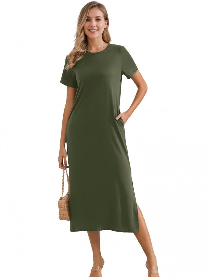 Weardear Womens Summer Split Maxi Dress Tie Dye Plain T Shirt Dress Casual Short Sleeve Long Beach Dress for Women