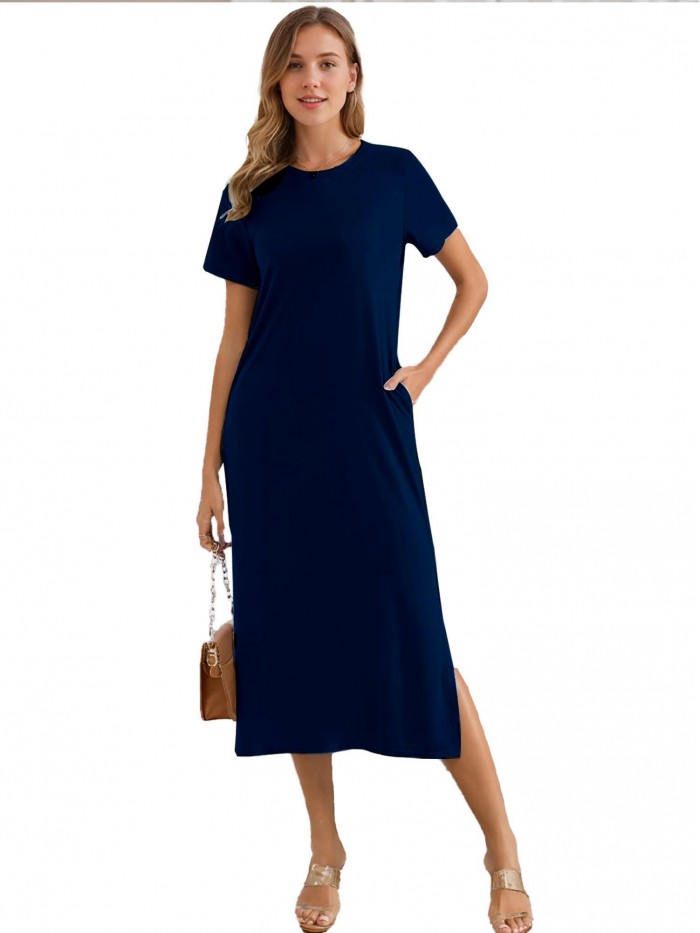 Weardear Womens Summer Split Maxi Dress Tie Dye Plain T Shirt Dress Casual Short Sleeve Long Beach Dress for Women