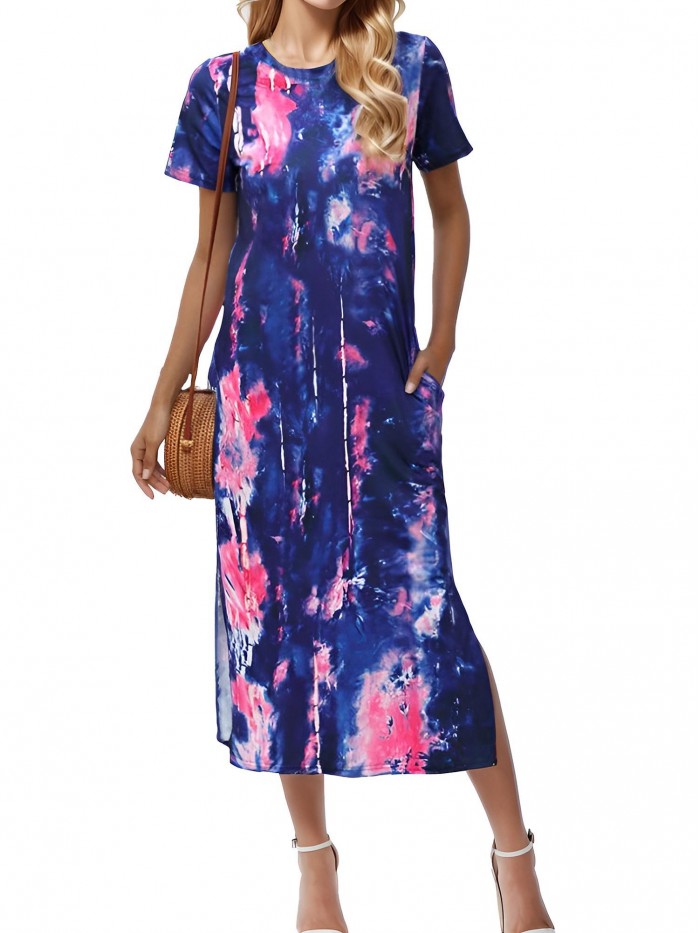 Weardear Womens Summer Split Maxi Dress Tie Dye Plain T Shirt Dress Casual Short Sleeve Long Beach Dress for Women