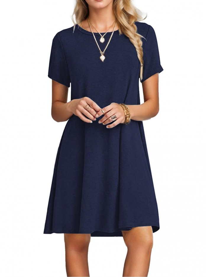 Weardear Womens Summer Casual Short Sleeve Dress Swing Plain Simple Dress Boho Beach T-Shirt Dress