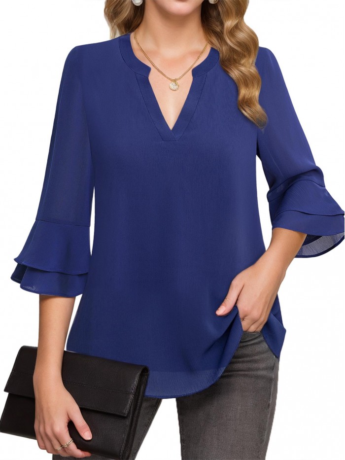 Weaedear 3/4 Sleeve Tops for Women Dressy Casual V Neck Chiffon Blouse Work Shirts