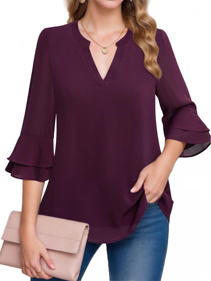 Weaedear 3/4 Sleeve Tops for Women Dressy Casual V Neck Chiffon Blouse Work Shirts